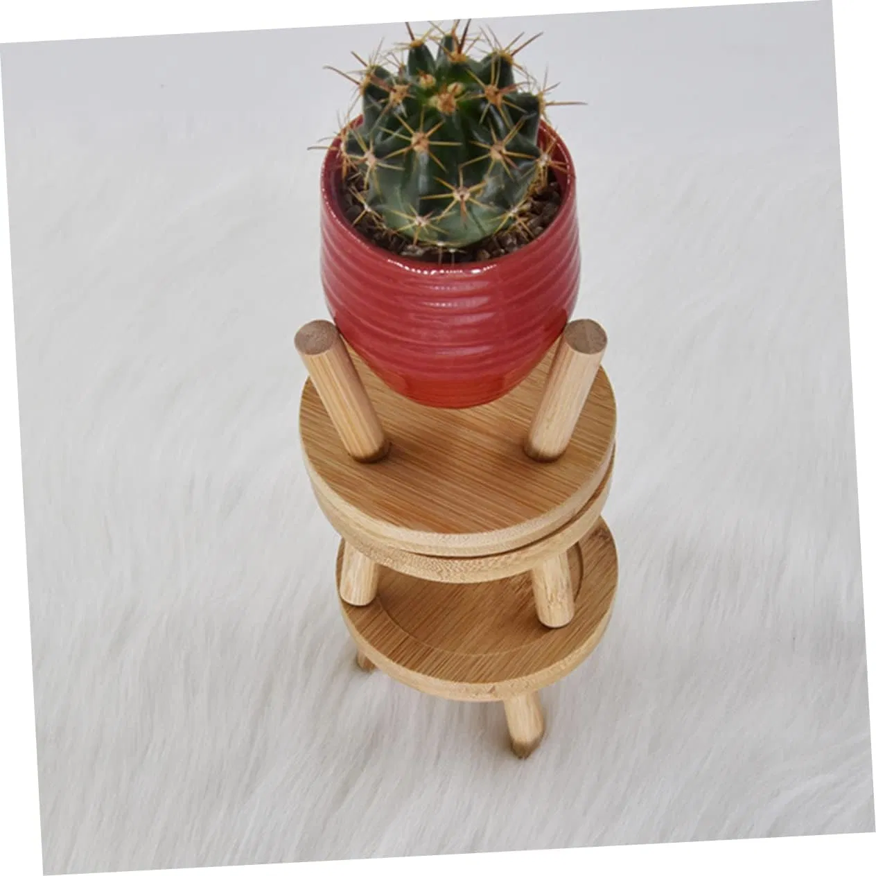 Bamboo Household Desktop with 2 Sets of Succulent Cactus Potted Plants, Base, Flower Rack