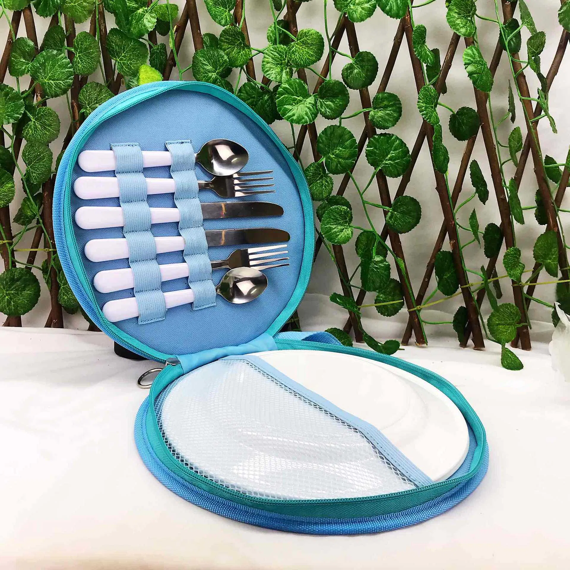 Picnic Camping Portable Tableware Travel Cutlery Set Knife Fork Spoon Plate with Carrying Bag