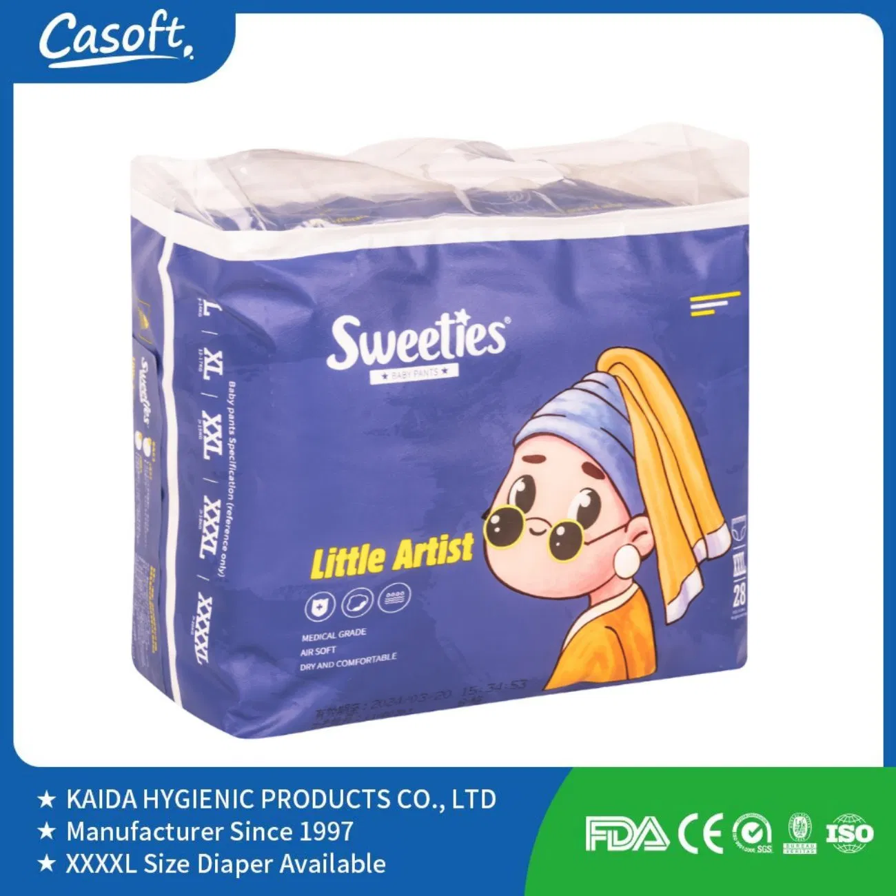 Casoft Cloth-Like Film Breathable Non-Woven Fabric High Absorption Dry Surface Super Thin Old Children Manufacturer Baby Diaper Pull up Pants