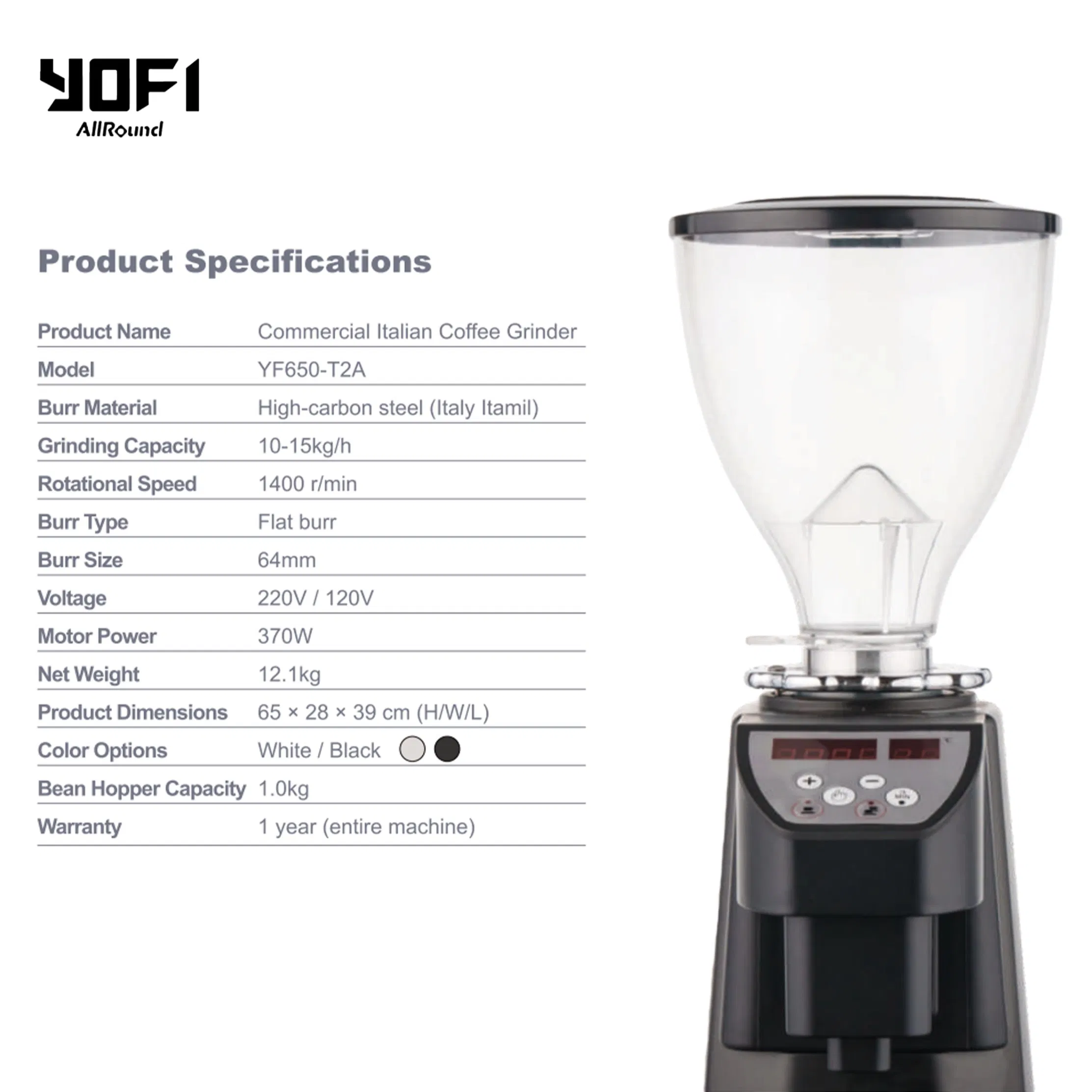 High Capacity Commercial Espresso Grinder 64mm Flat Burrs 370W Continuous Running Motor Coffee Grinder