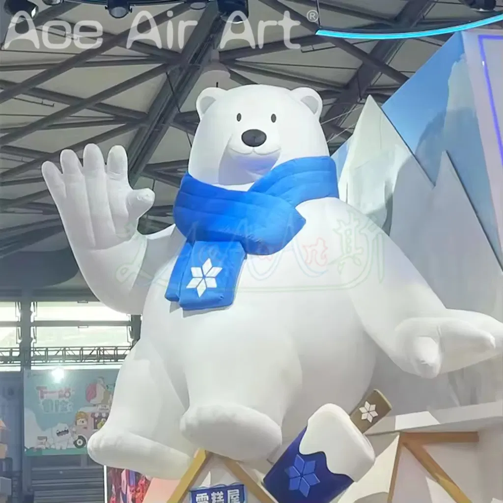 Custom Inflatable Cartoon White Bear Waving Smiling with Blue Scarf for Christmas Holiday Promotion Decoration