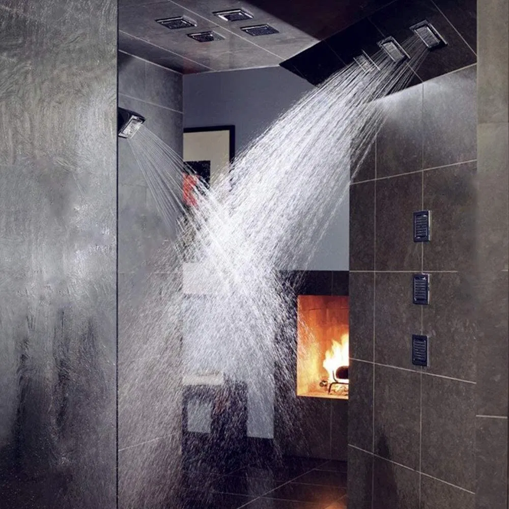 Concealed Brushed Nickel Shower System with Body Jets Large 15X28 Inch Multi-Function Luxury Shower Faucet Set Ceiling Rain Shower Bathroom Accessories