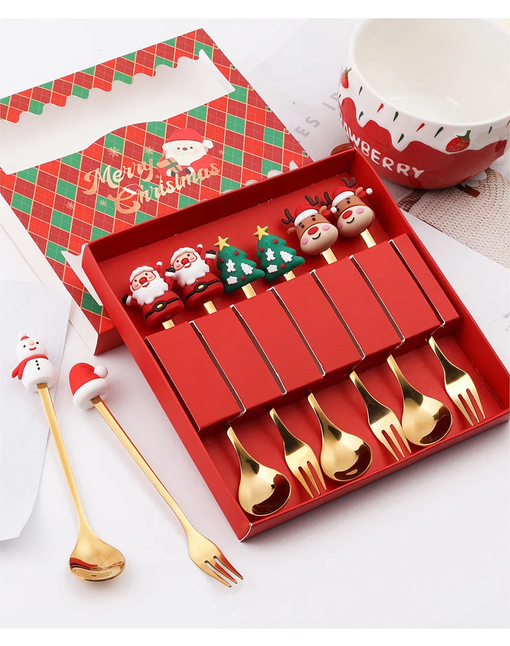Cross-Border Christmas Spoon Set Cartoon Cute Fun Snowman Spoon Creative Christmas Dessert Spoon Fork Gift Tableware