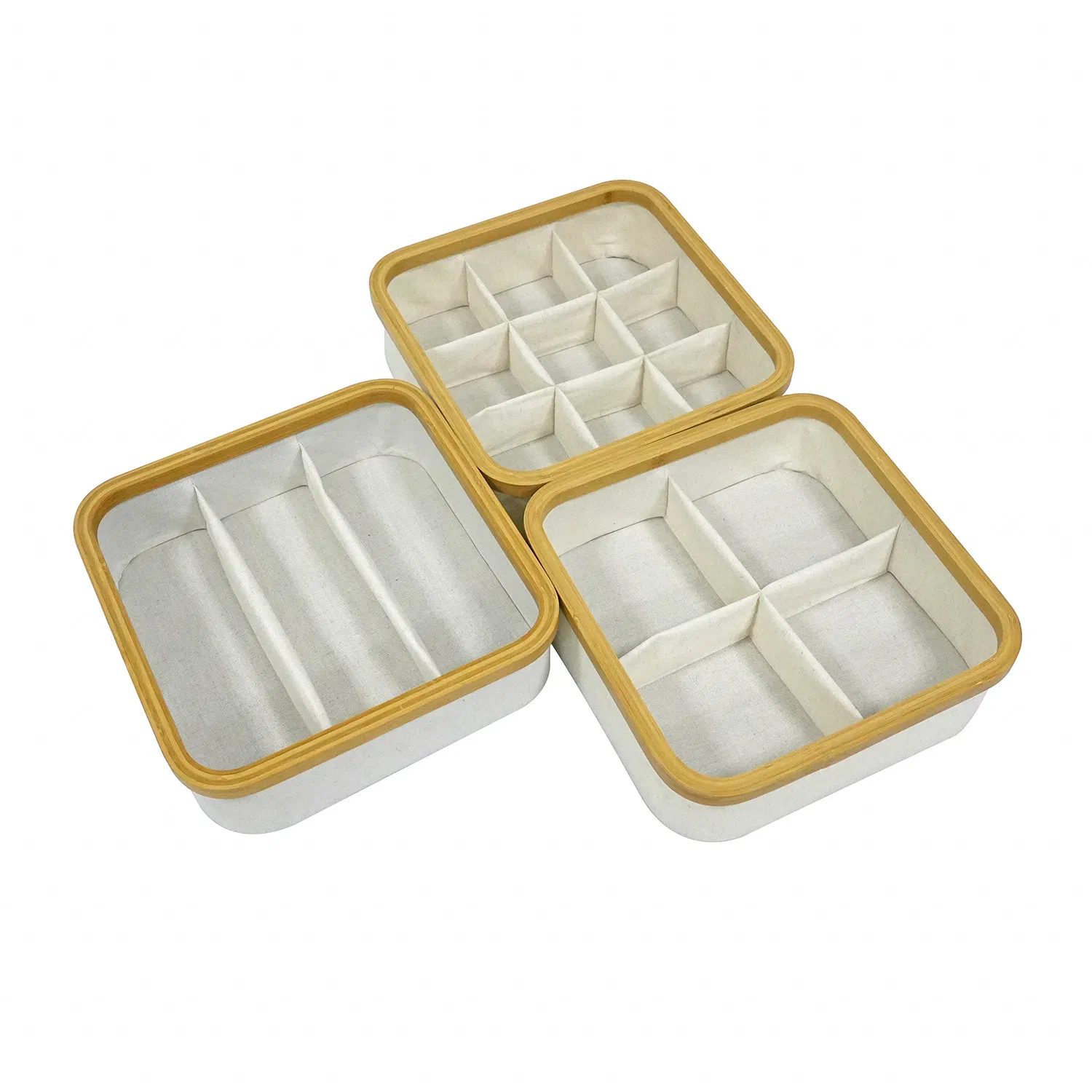 Bamboo Framed Fabric Drawer Organizer Multi-Purpose Storage Box Set for Cosmetics