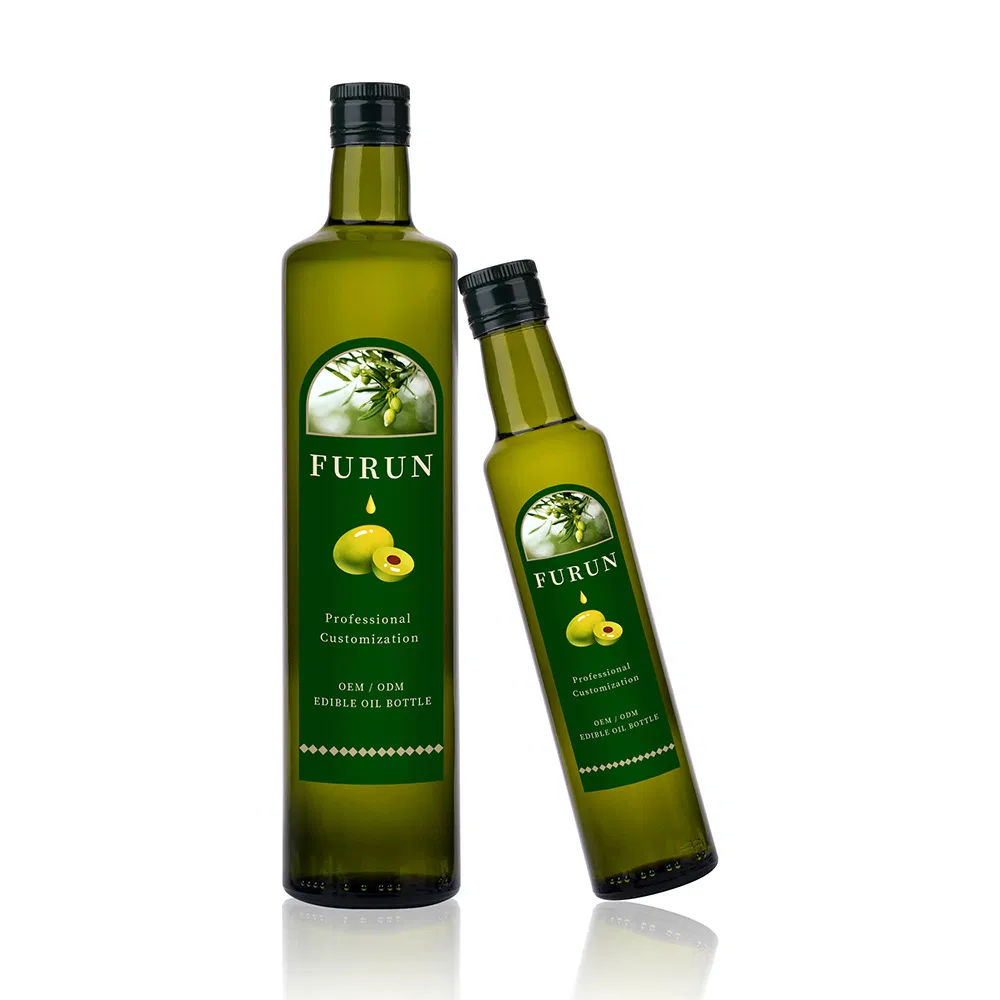 Wholesale Luxury Olive Oil Bottles Empty Round Green Food Grade Glass Cooking Dispenser Bottle with Lids