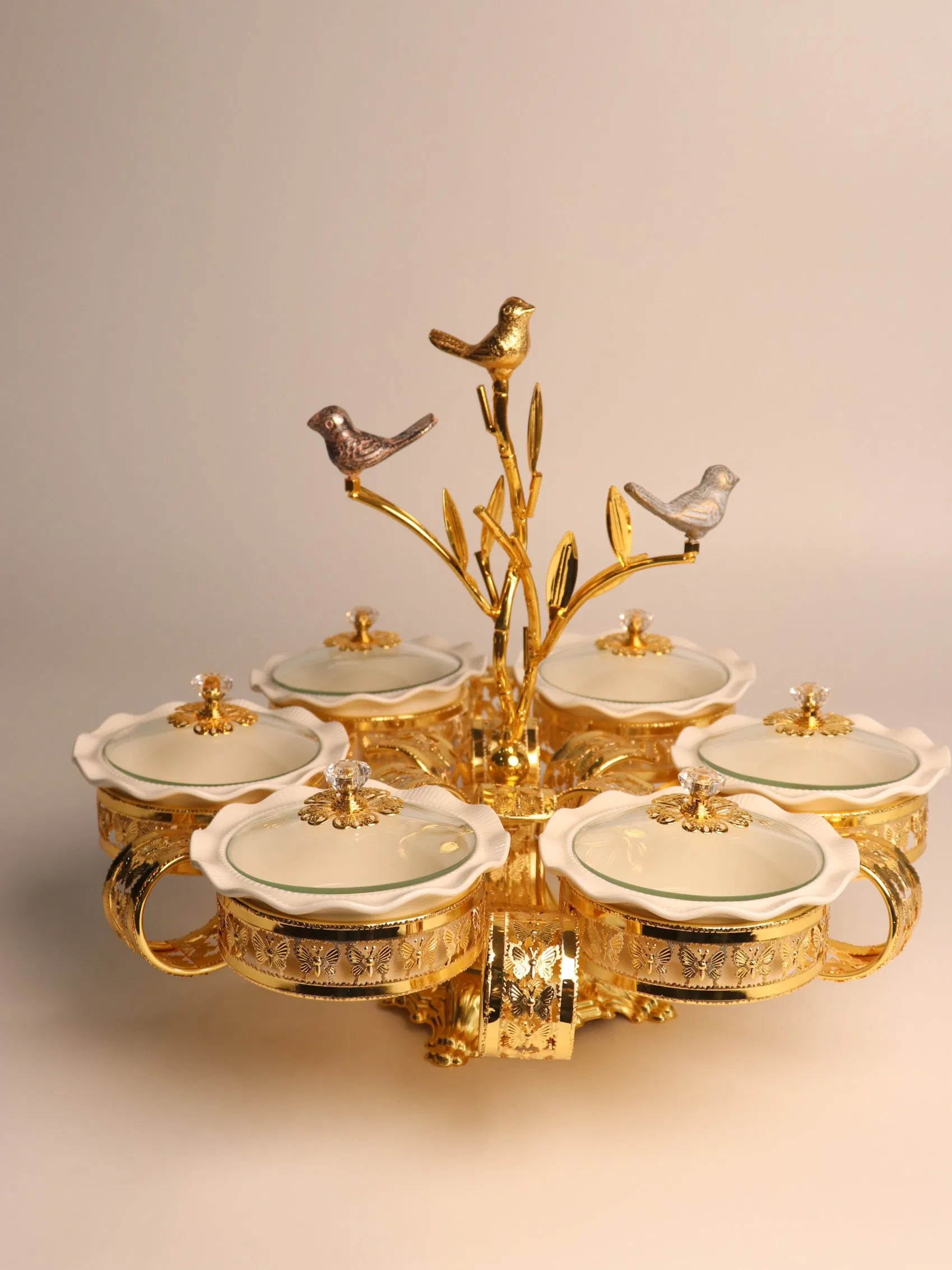 Home Ornament Gold-Plated Iron Frame with Large Size 6-Panel Ceramic Bowl