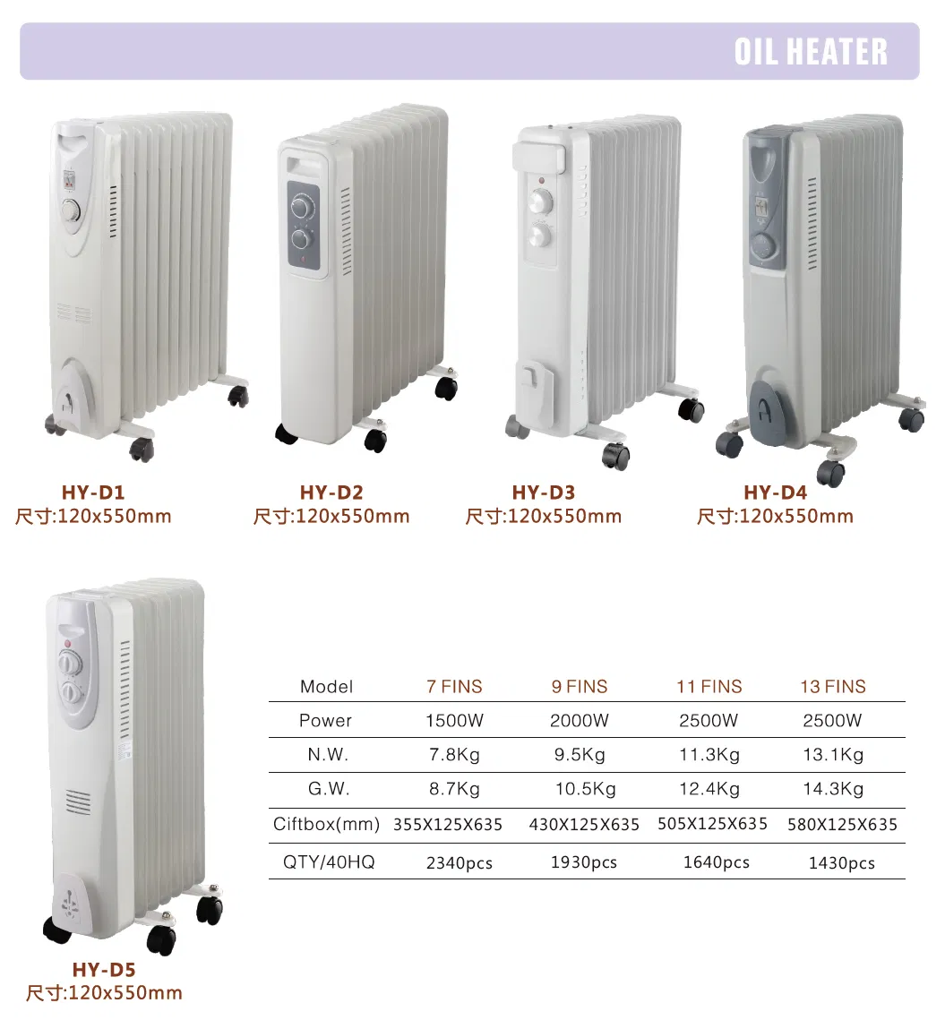 Radiator Heater Electric Heater Room Heater Oil Radiators Oil Heater with 3 Gear Setting 3 Oil Channels or 5 Channels with Fan and Timer Available