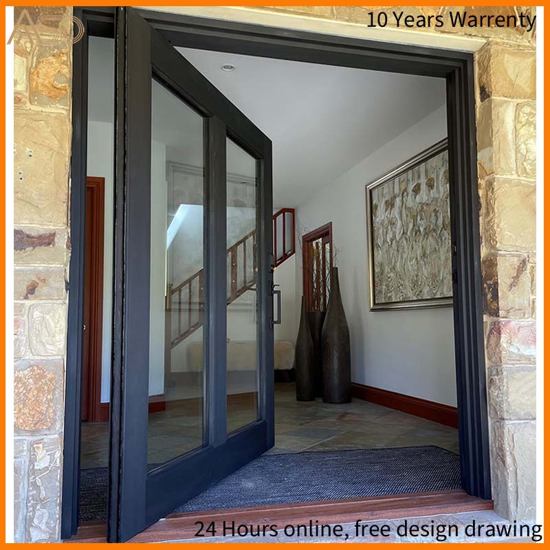 Black Matte Surface Solid Wood Door Glass Design Front Entry Pivot Door