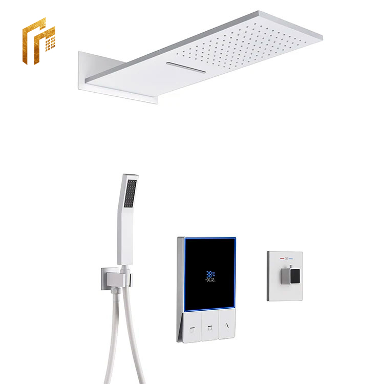 Nordic Rain Modern Wall Mount Waterfall and Rainfall Matte White Shower Head Set System with Valve