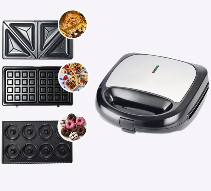 Portable Household Breakfast 3 in 1 Sandwich Maker Doughnuts Biscuits Waffle Machine with Interchangeable Waffle Plates Sandwich Maker