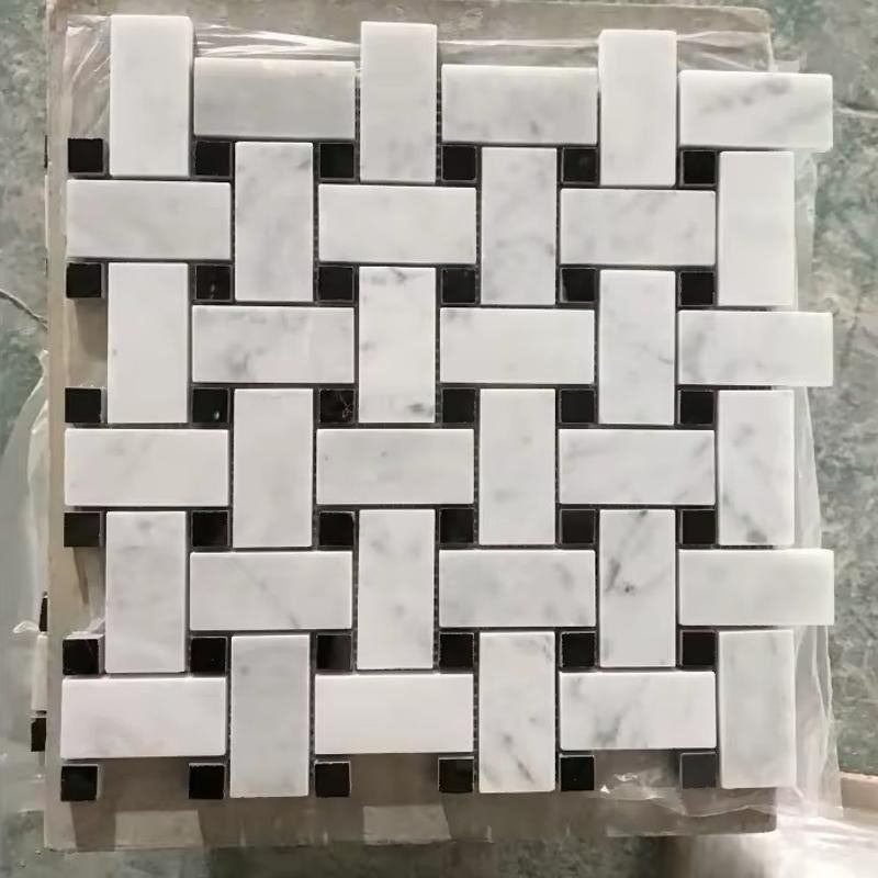 Carrara White Basketweave Tile with Nero Marquina Dots Mosaic Tile for Floor and Wall