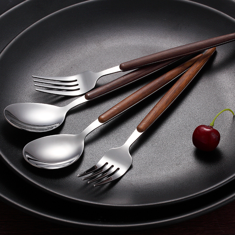 Nordic Steak Fork Spoon Wooden Handle Mirror 304 Stainless Steel Cutlery Set