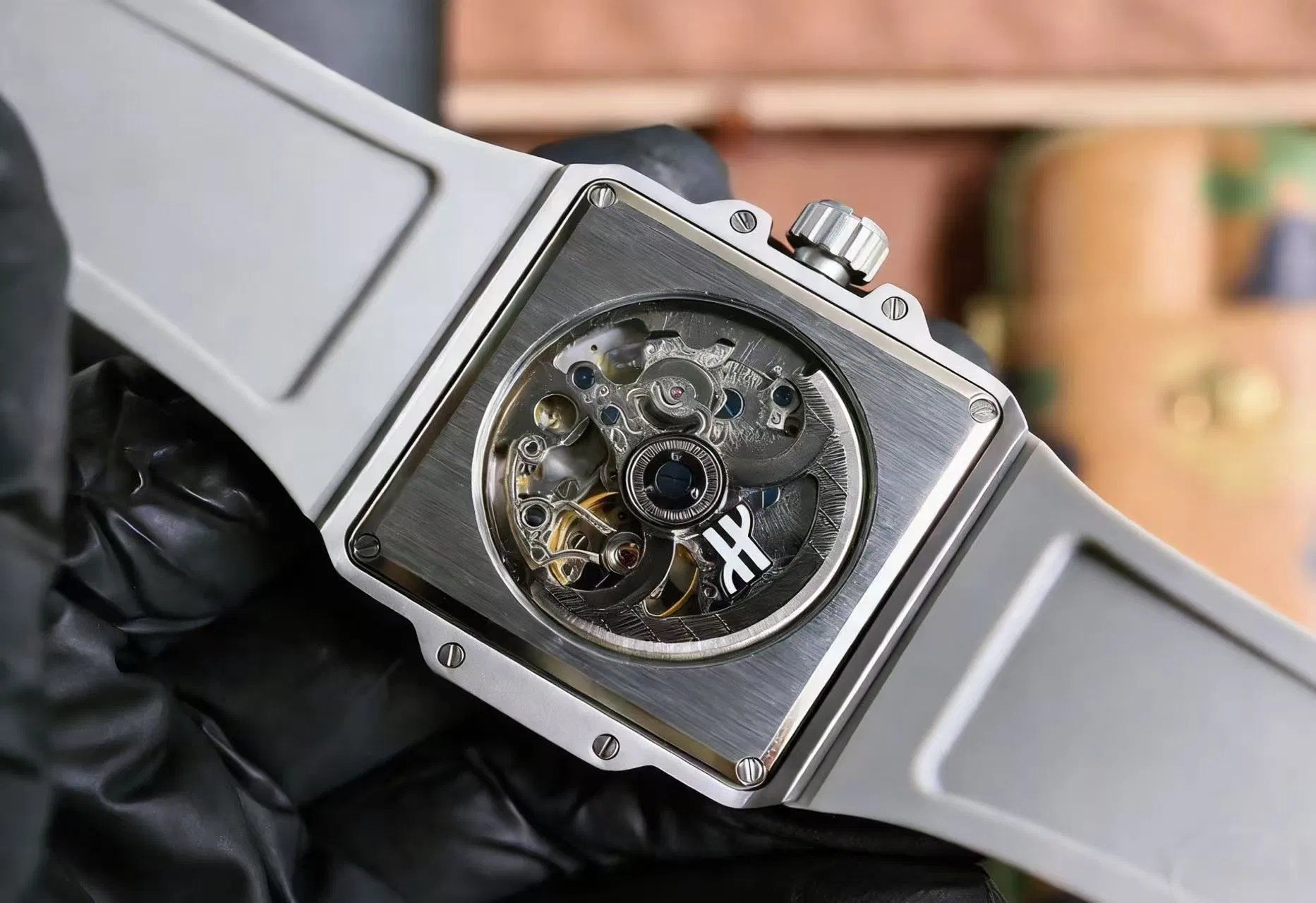 Square Automatic Mechanical Watch Matte Titanium Case, Skeleton Dial with Prancing Horse Motif, Light Gray Rubber Strap, Modern Sport Wristwatch for Men