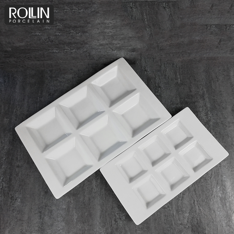White Porcelain Divided Plates Porcelain Rectangular Snack Plate