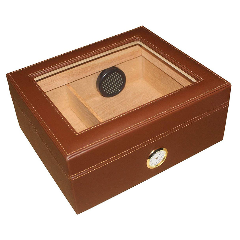 Brown Leather Handmade 25-50 Cedar Wood Cigar Humidor