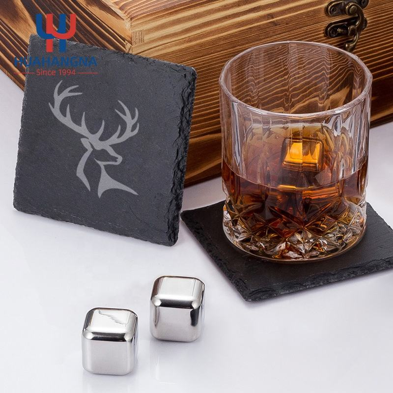 Whiskey Stones Gift Set Metal Whiskey Chilling Ice Cubes and 10oz Old Fashioned Whisky Glasses Wooden Gift Box for Cooperate Present