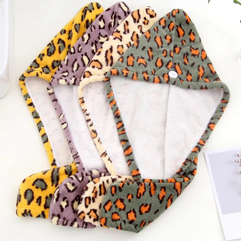 Women Girl's Leopard Microfiber Shower Cap Towel Bath Hats