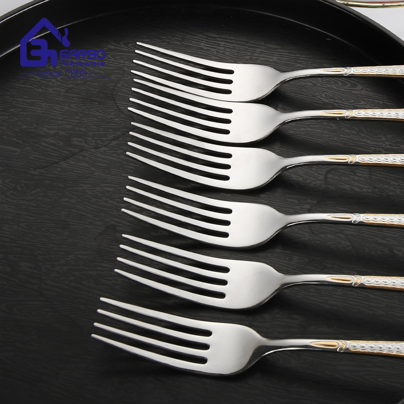 Gold Ion-Plating Stainless Steel Dinner Fork with Design Mirror Polish in Stock