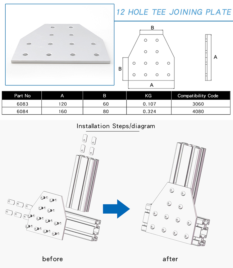 China Manufacturer OEM ODM RoHS 6084 12 Hole Tee Joining Aluminum Plate #4080 for Aluminum Profile 3060 4080