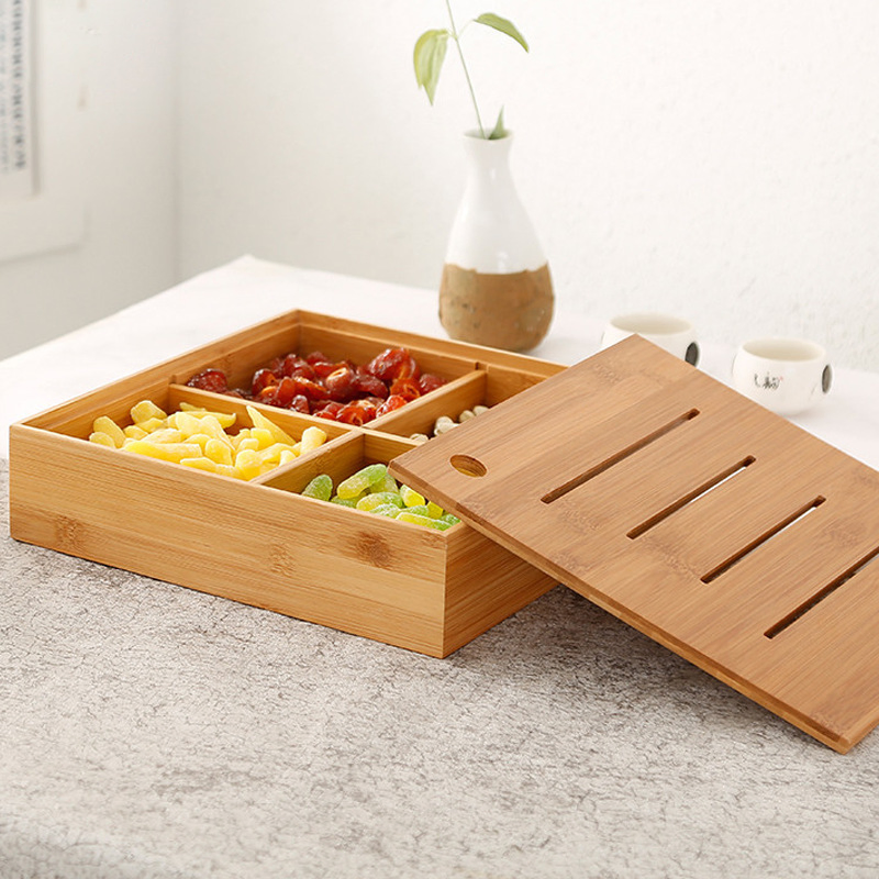 Wooden Snack Storage Box with Divider Lid for Candy and Dry Fruit