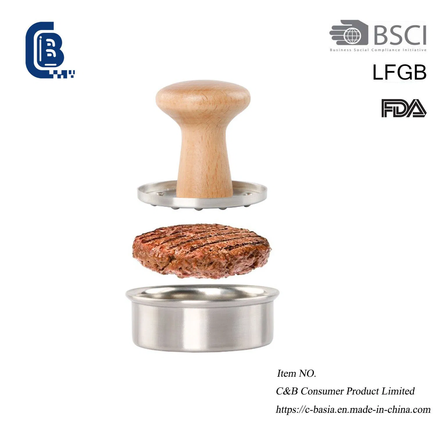 Durable Solid Wood Handle Stainless Steel Steak & Burger Patty Press (Logo Customizable)