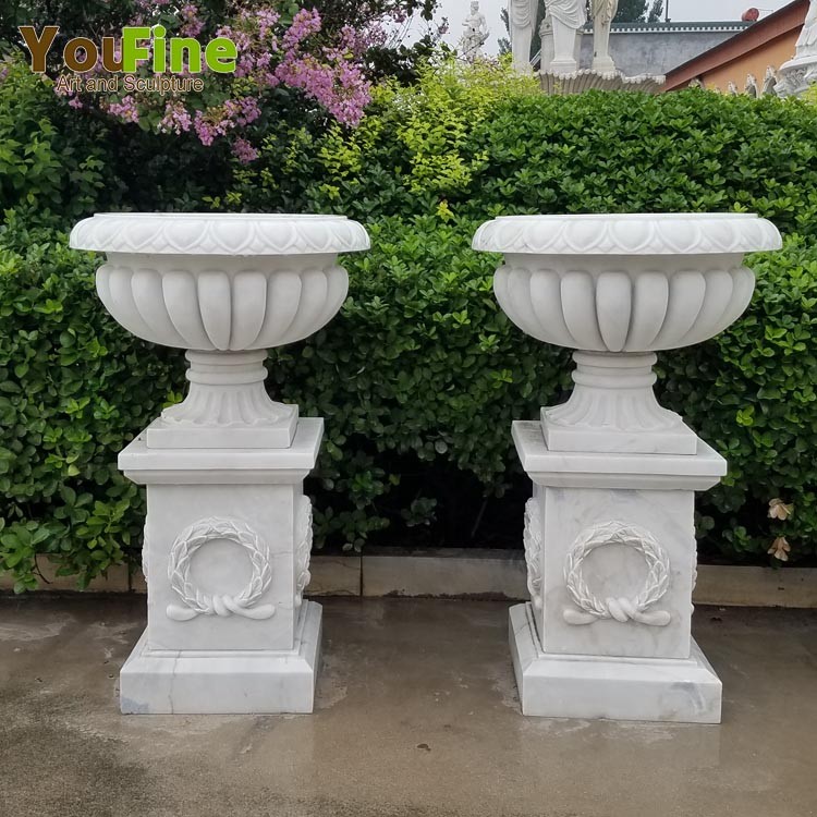 Кашпо садовое мраморное белое резное