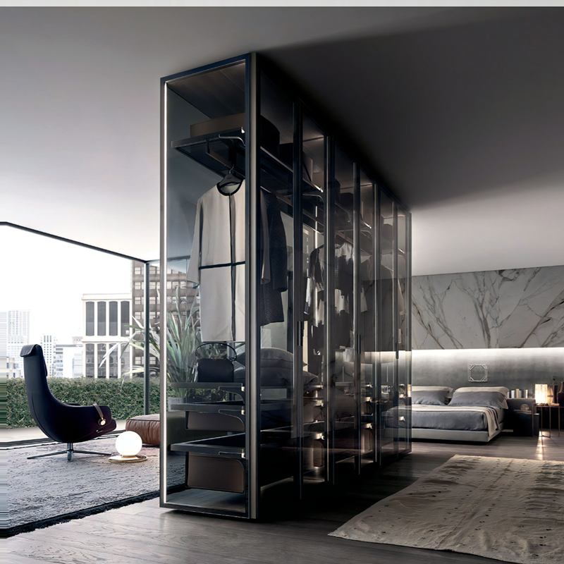 Modern New Design Glass Wardrobe Closet with Aluminum Pole System Clothes Cabinet with Glass Doors