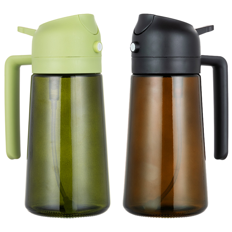 Novel Dark Green Brown Glass Olive Oil Vinegar Dispenser 470ml 2 in 1 Oil Spray Bottle for Kitchen Cooking Camping Grilling