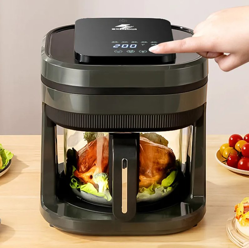 Home Appliances Black Oil-Free Smart Touch Screen Toaster 4L Glass Air Fryer with Visualization