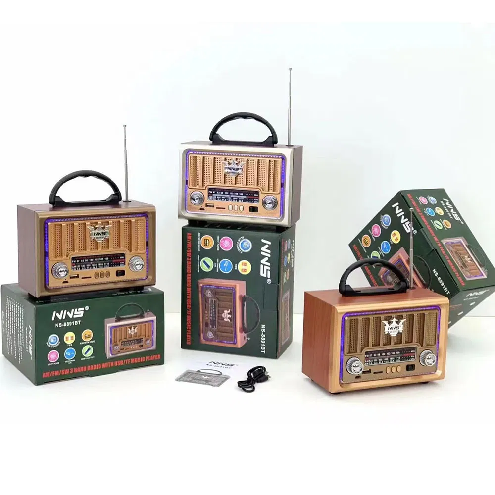 Ns-8891bt Wooden Retro Radio with FM/Sw, Portable Multifunctional Handheld Bluetooth Speaker
