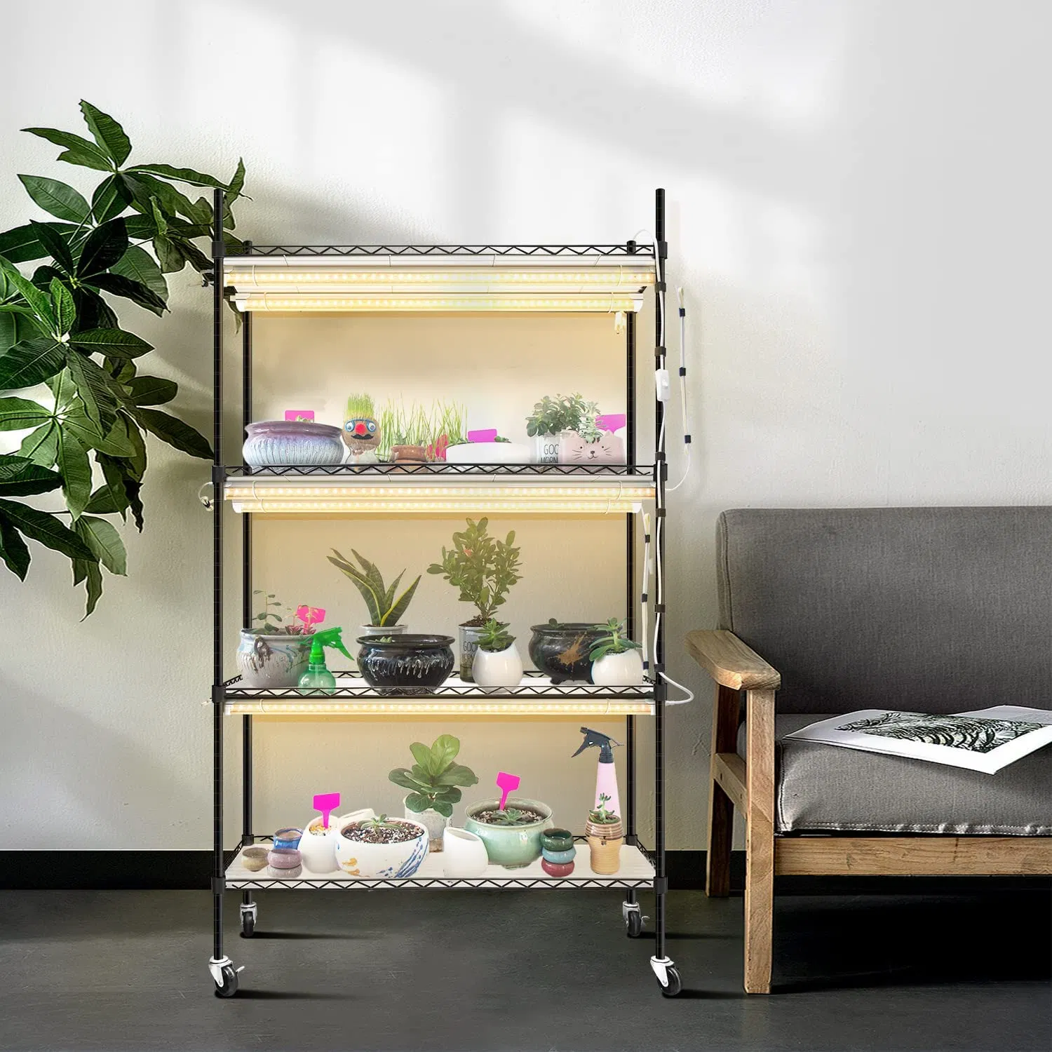 Indoor Movable 4 Tiers Adjustable Metal Artificial Flower Pot Display Racks for Living-Room or Office