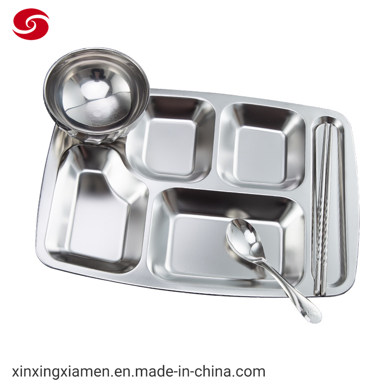 Hot Sell High Quality Stainless Steel Dinner Divided Compartments Plate with Lid Lunch Tray