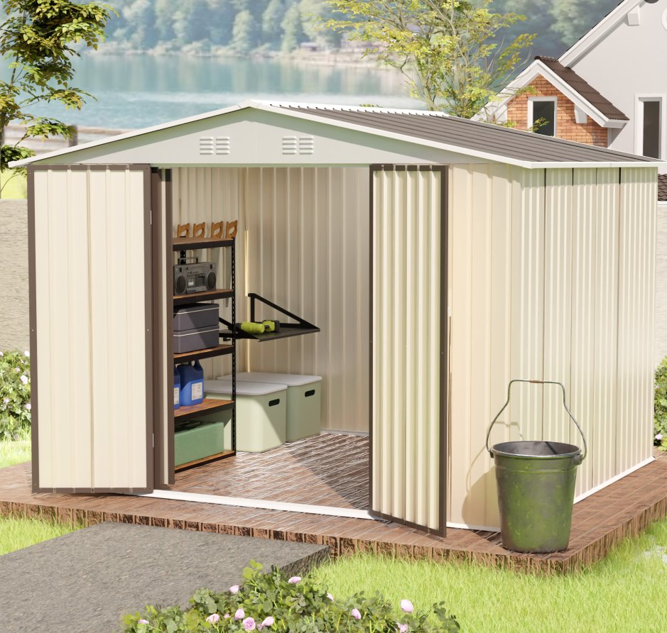 10*8FT Heavy Duty Garden Tool House with Shelving System Ideal for Gardening Equipment Organization Home Shed