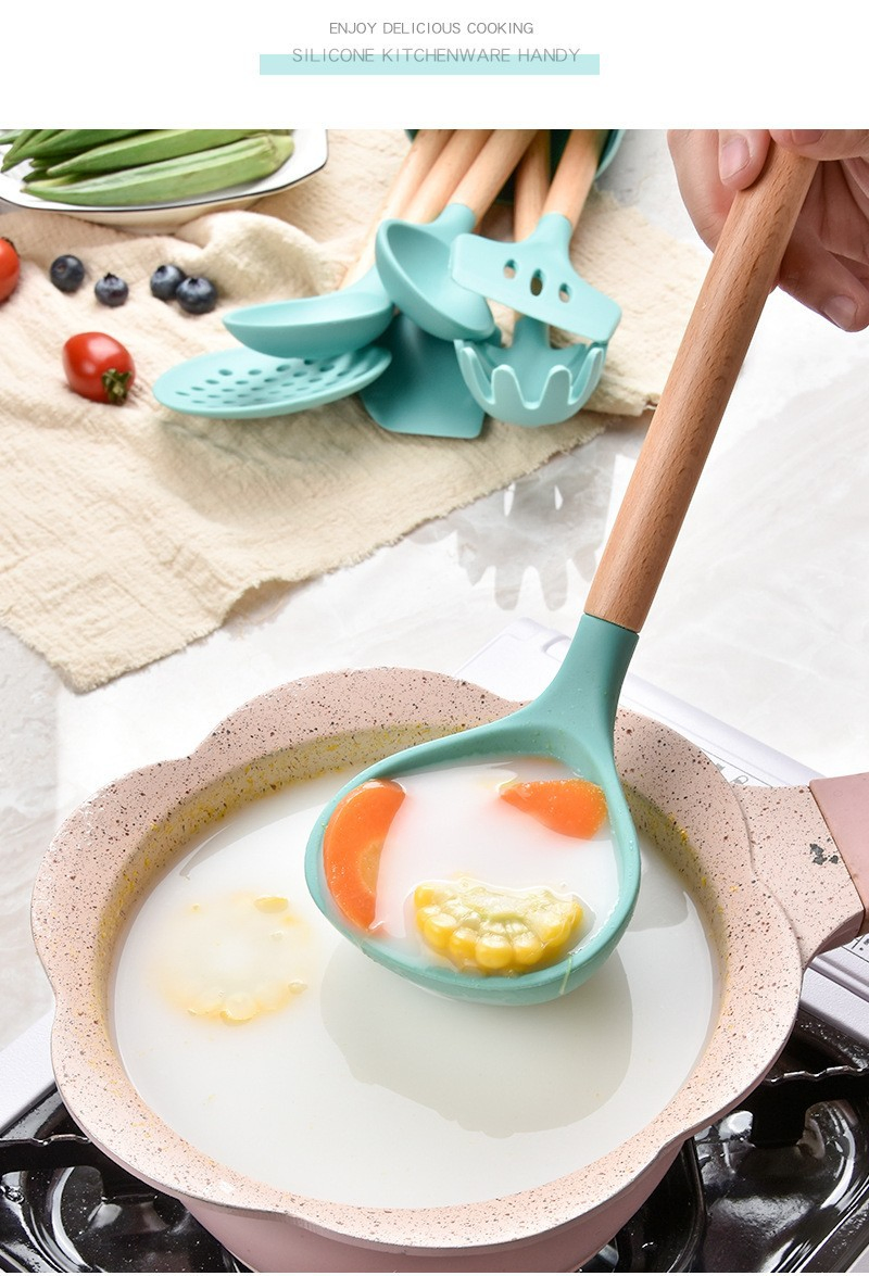 7PCS Kitchen Utensils, Silicone Cookware, Kitchenware, Kitchen Cooking Set with Wood Handle