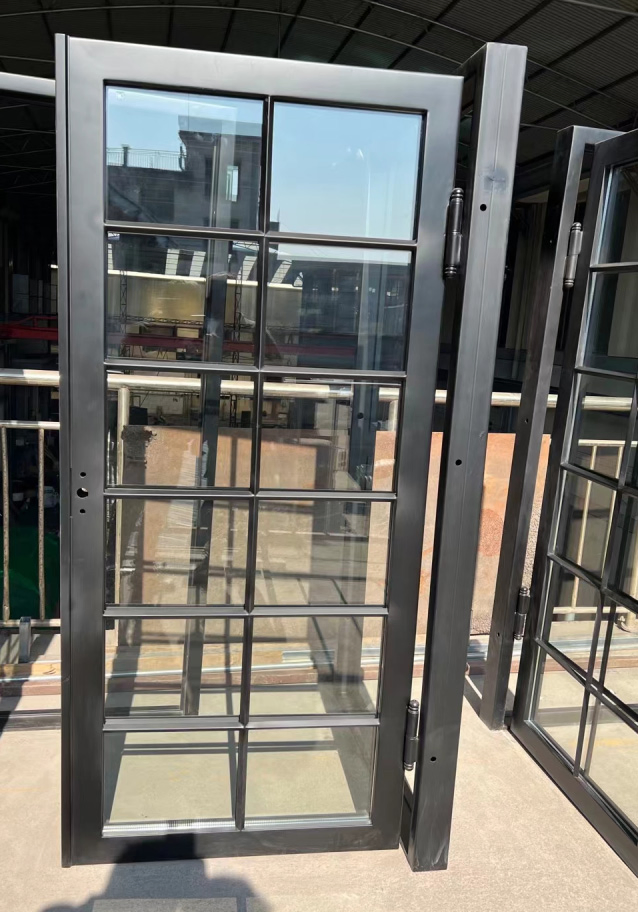 Black Modern Elegant French Front Entry Security Steel Steel Glass Wrought Iron Windows and Door