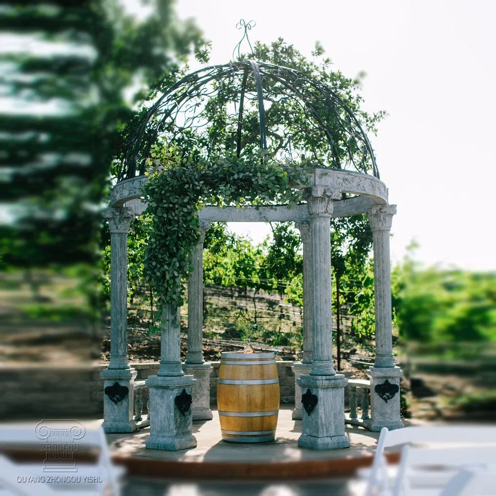 White Marble Gazebo with Columns and Balustrade for Garden Decoration