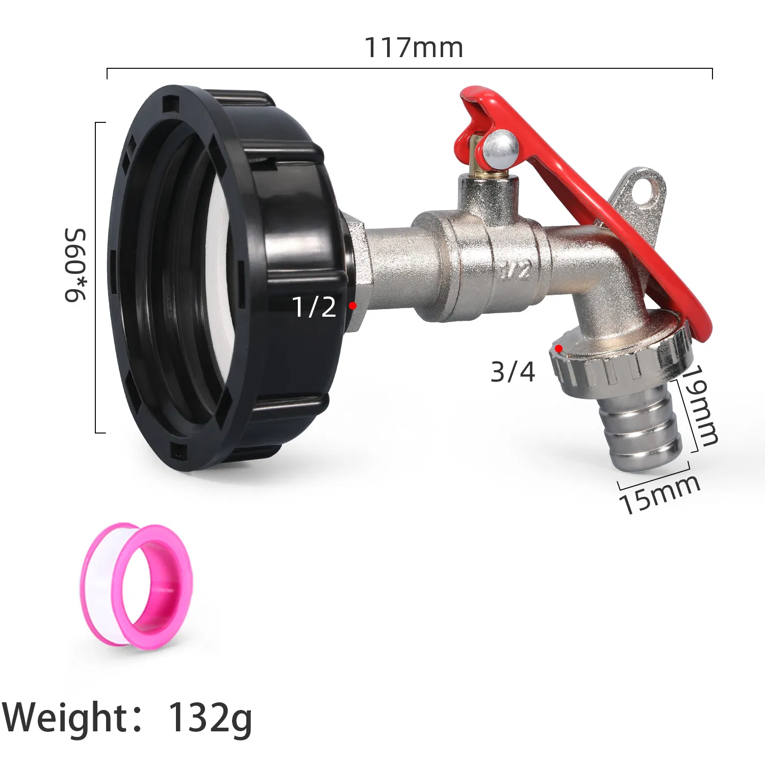 IBC Tote Fittings 1/2" Alloy Faucet with Spout and Plastic Adapter Cap