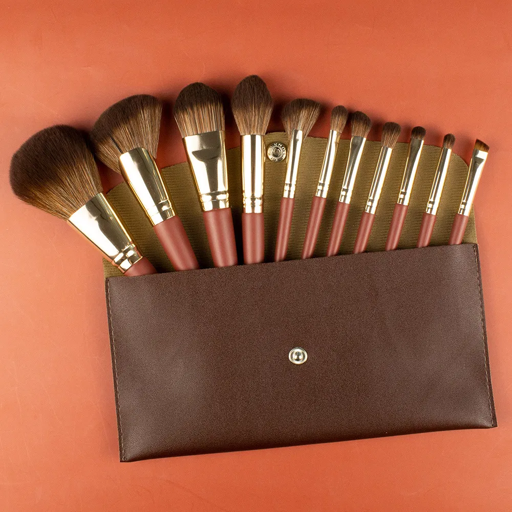 Japanese High Quality White Goat Hair Cosmetic Brush 11PCS Wood Handle Brown Makeup Brush Set Luxury Beauty Tools