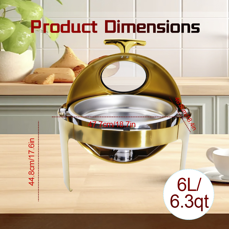 Daosheng Wholesale Luxury High Quality Gold Color 6L Stainless Steel Chafing Dish Round Rolling Top Buffet Stove