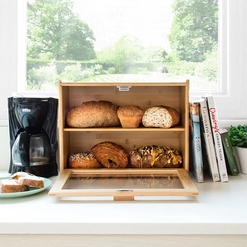 Farmhouse Style Double Layer Bread Holder Storage Bin Large Bamboo Bread Box