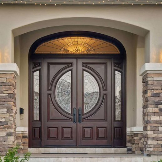 Luxry Solid Wood Front Door with Tember Glass Custom Elegant Entrance Door