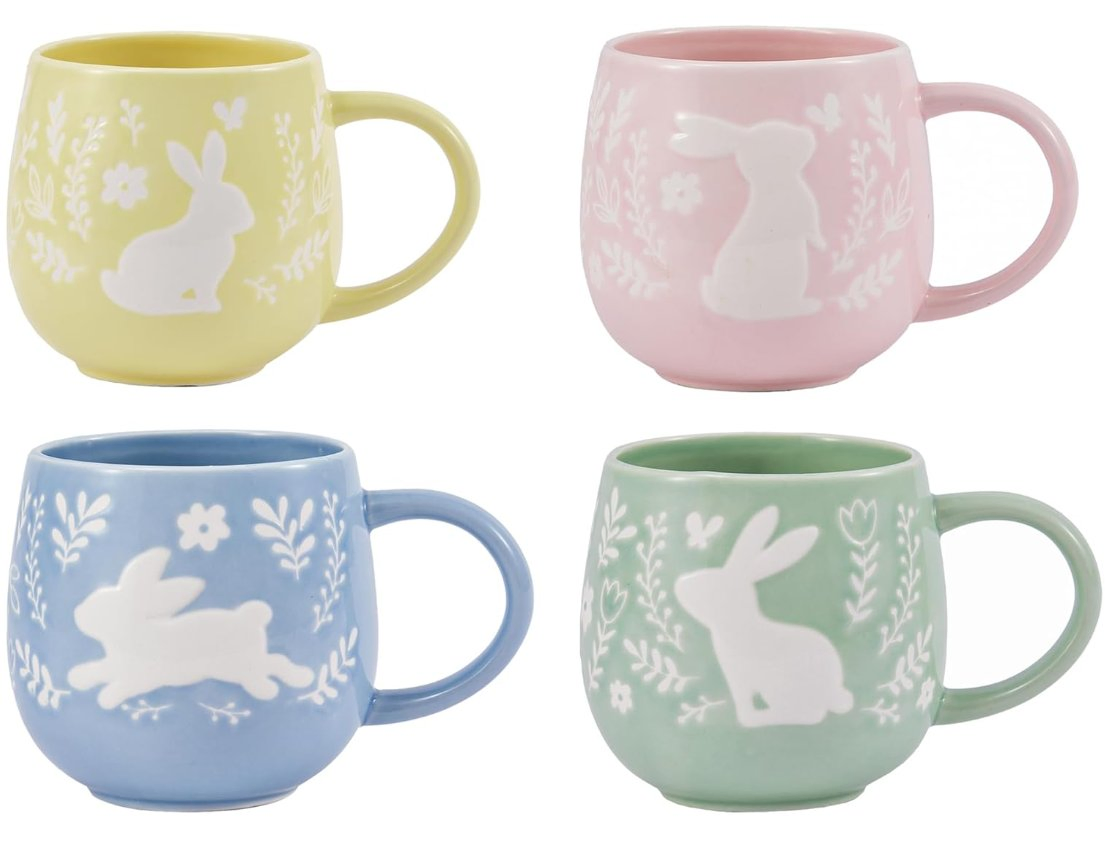 Bunny Stoneware Mugs Set Microwave & Dishwasher Safe Ceramic Cups for Easter
