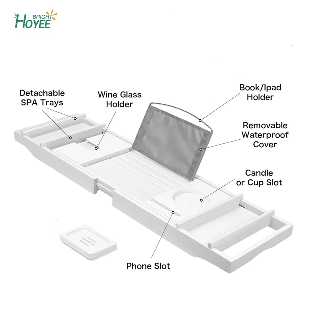 Luxury White Bamboo Bathtub Caddy Tray with Book and Wine Holder, Bath Accessories & Bed Tray with Extending Sides