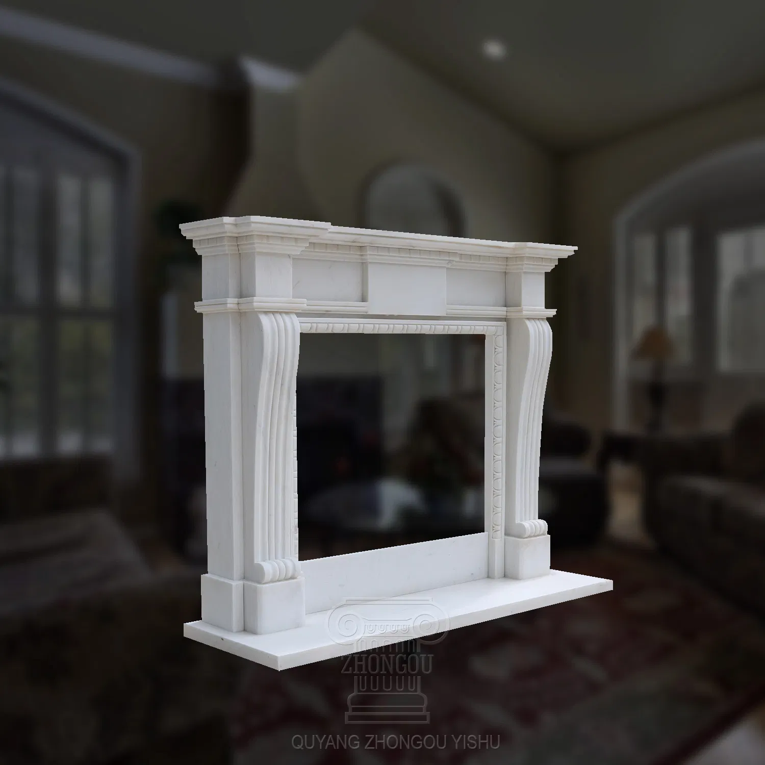 Carved White Marble Fireplace with Patterns for Indoor Room Decoration