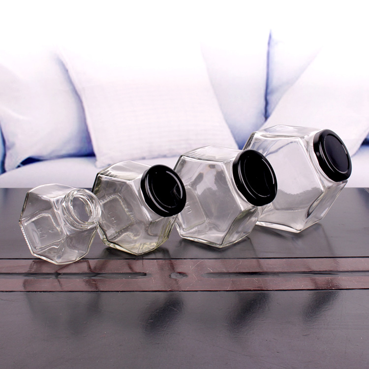 High Quality 100ml 150ml 280ml 400ml Flat Hexagonal Honey Jam Food Jar with Metal Twist off Lid