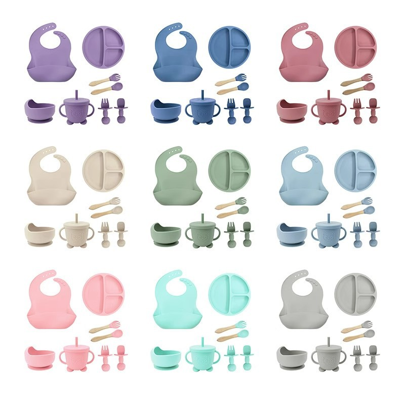 Baby Silicone Tableware Sets FDA LFGB Certified BPA Free Suction Plate Bowl Bib Spoon Set Baby Tableware Set