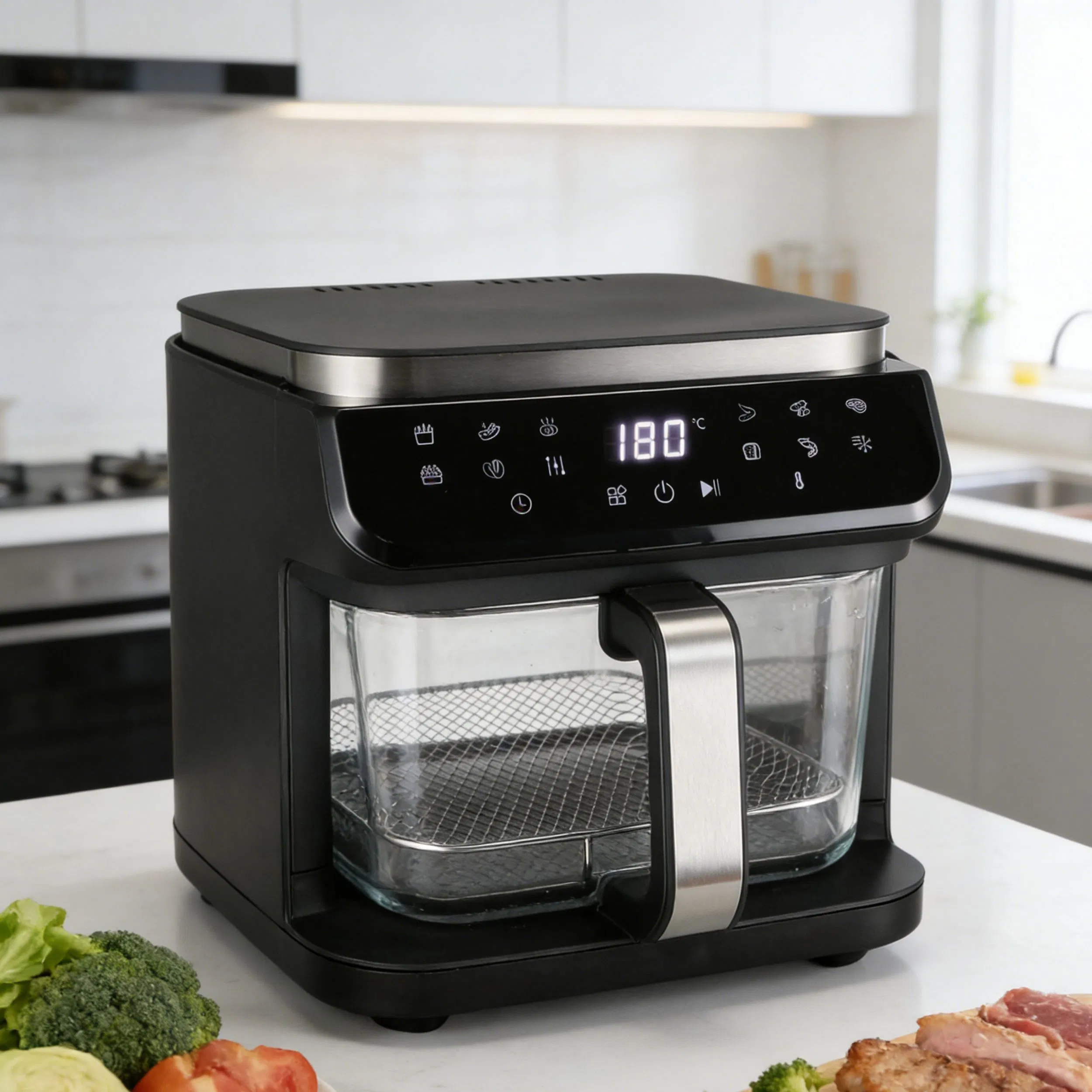 Longbank Wholesale LED Display 5.5L Big Capacity Air Fryer Electric Fryer 1200-1400W Household Delicate Visual Glass Air Fryer