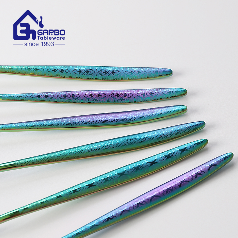 High-Quality Mirror Polish Rainbow Colored Stainless Steel Flatware Set Cutlery Set Knife Spoon Fork with Customized laser Pattern for Supermarket Online Shop