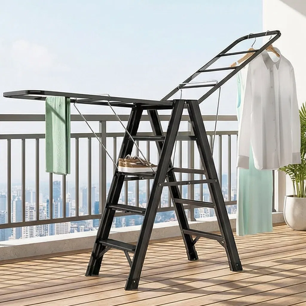 Thickened Rustproof Folding Drying Ladder Sturdy Load Bearing Balcony Telescopic Ladder