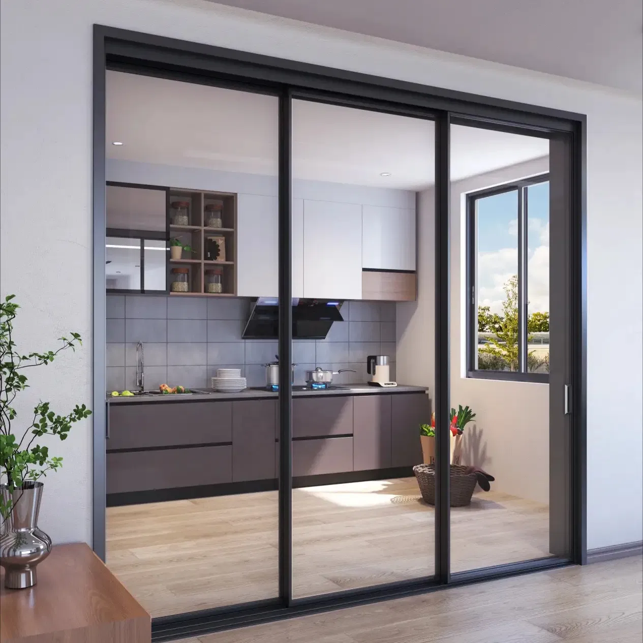Narrow Frame Double Tempered Glass Interior Aluminum Sliding Door
